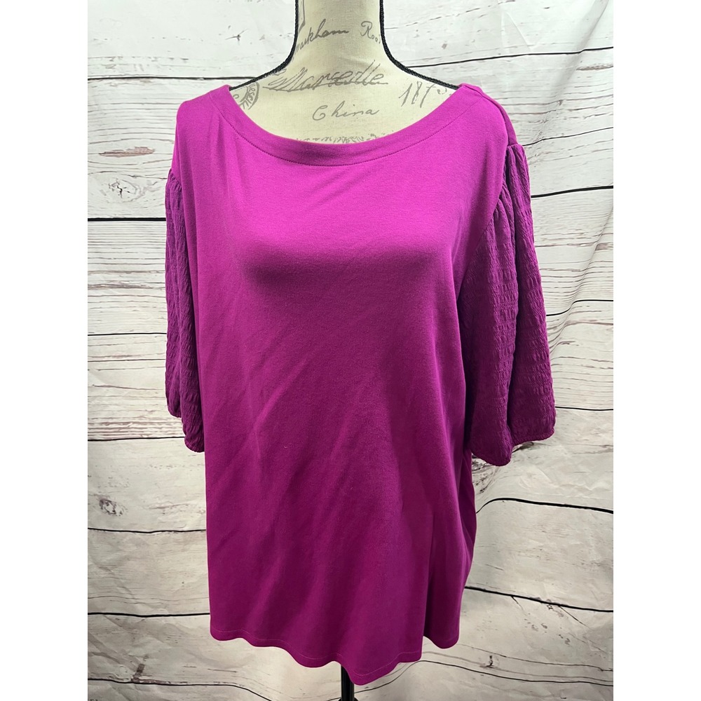 Croft &‎ Barrow Plus 3X Juliet Orchid Magenta Smocked Sleeve Scoop Neck Top NEW